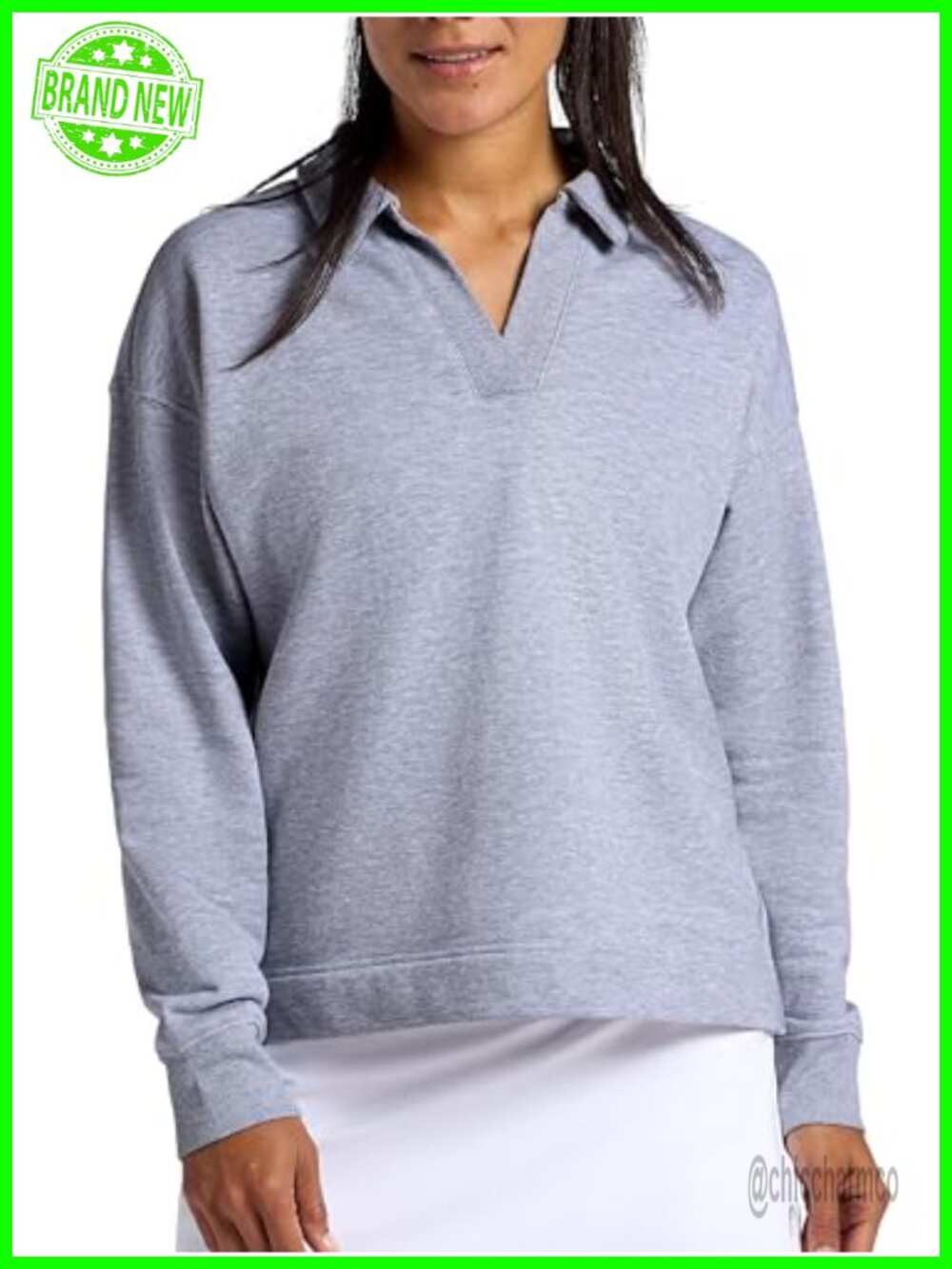 Heavyweight Relaxed Fit Polo Crewneck Sweatshirt with Ribbed Collar and Drop